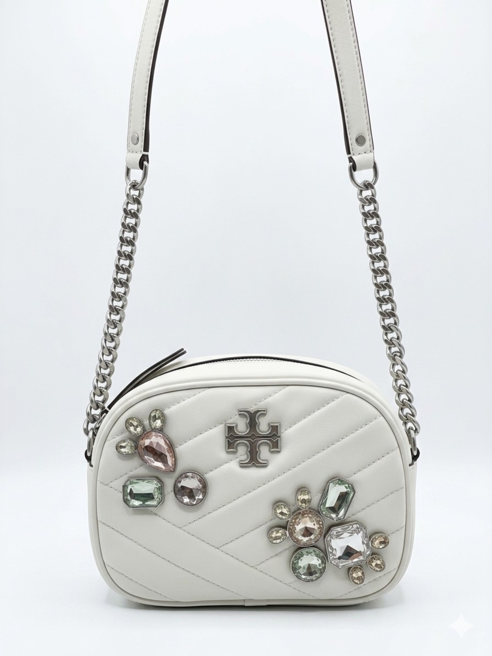 Tory Burch Ivory Leather Shoulder Bag with Crystal Accent